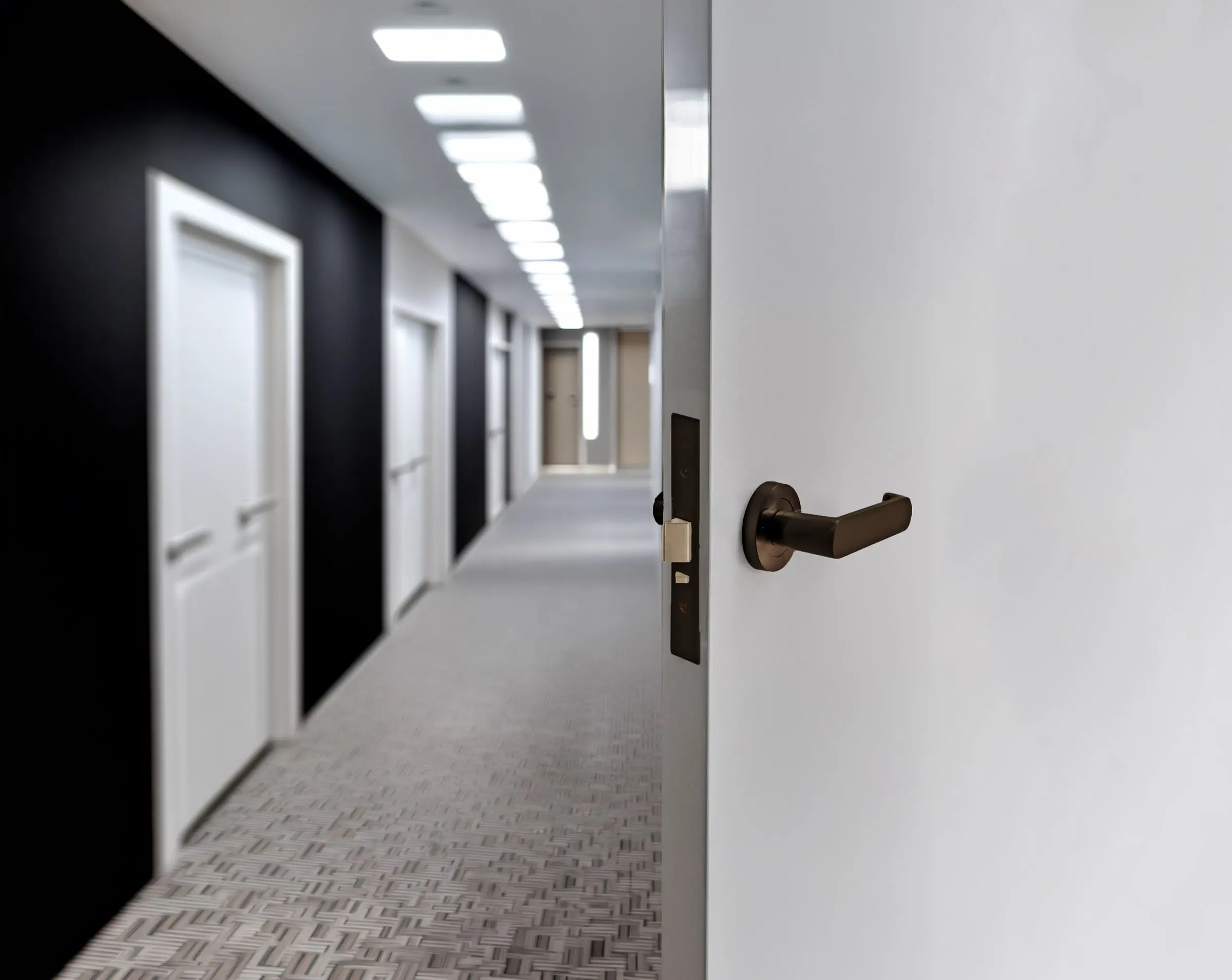 Zanda Duke return lever on a commercial corridor door, Ember Bronze