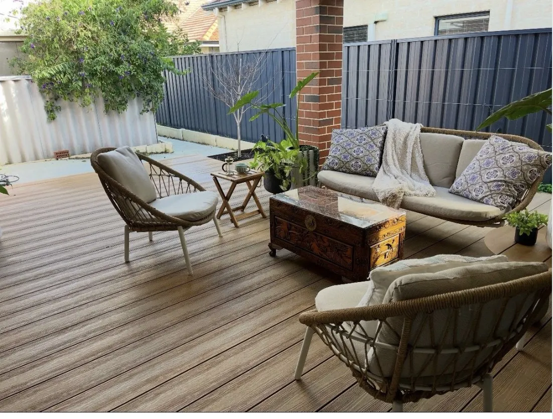 NewTechWood composite deck in Himalayan Cedar on a Perth alfresco, supplied by Integrity Building Materials