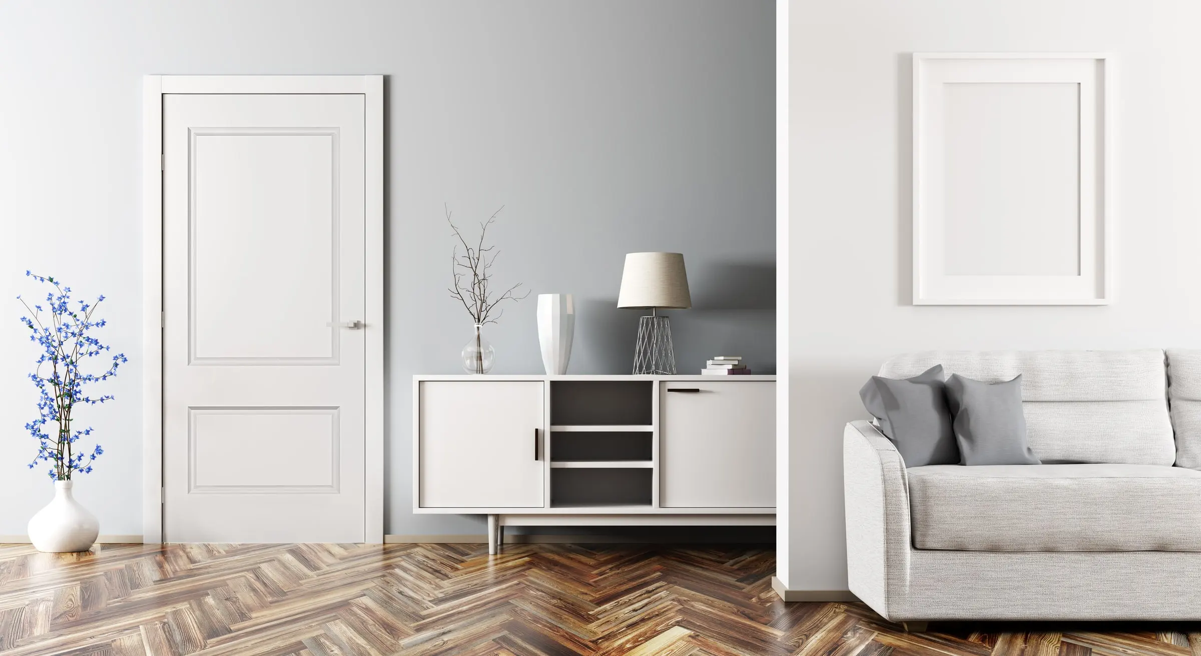 Hume Humecraft HMC2 solid internal door beside a herringbone floor