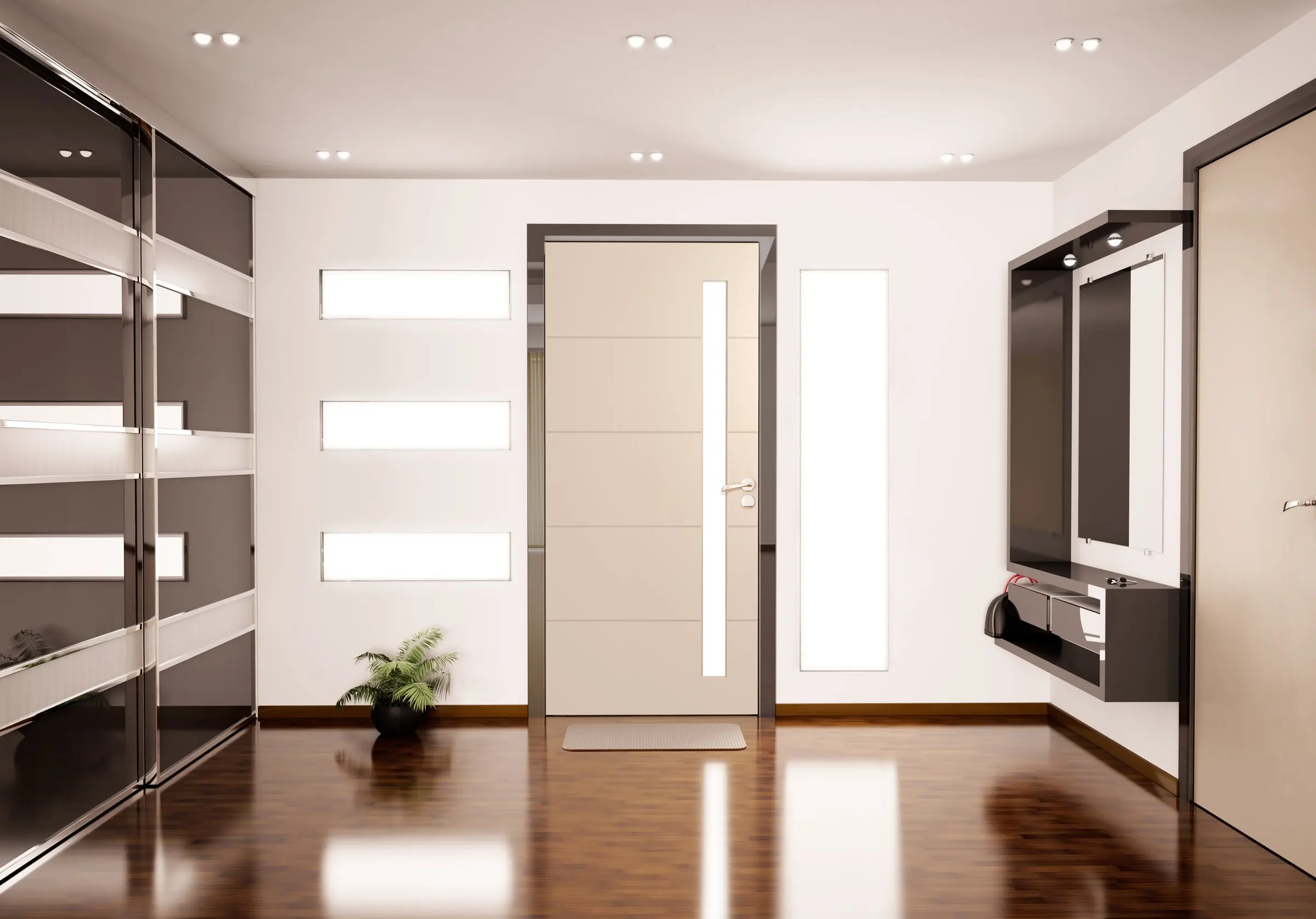 Hume Linear XLR120 entrance door with glazed panels, seen from the hallway