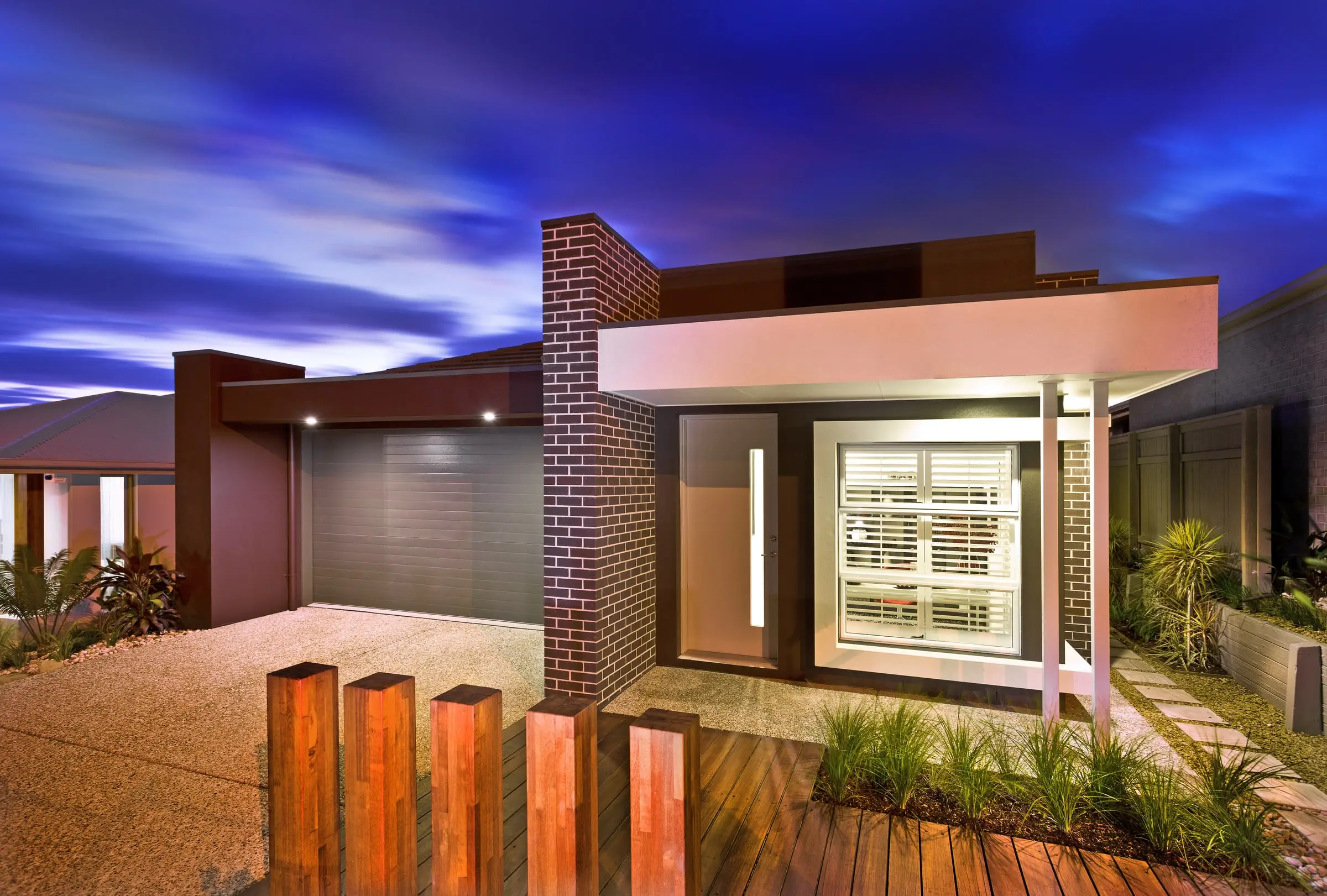Hume Newington entrance door on a Perth-style home at dusk